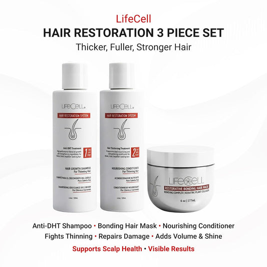 LifeCell Hair Restoration Bundle – Anti-DHT Hair Growth Shampoo, Restorative Bonding Hair Mask & Nourishing Conditioner for Thinning Hair – Thicker Fuller Hair 3 Piece Set