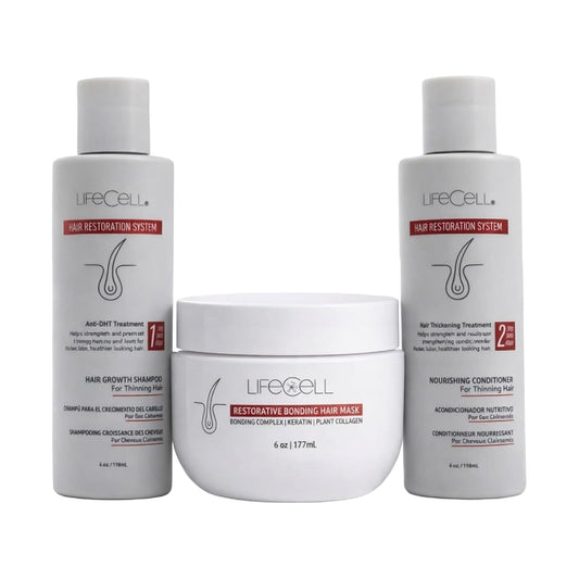 LifeCell Hair Restoration Bundle – Anti-DHT Hair Growth Shampoo, Restorative Bonding Hair Mask & Nourishing Conditioner for Thinning Hair – Thicker Fuller Hair 3 Piece Set