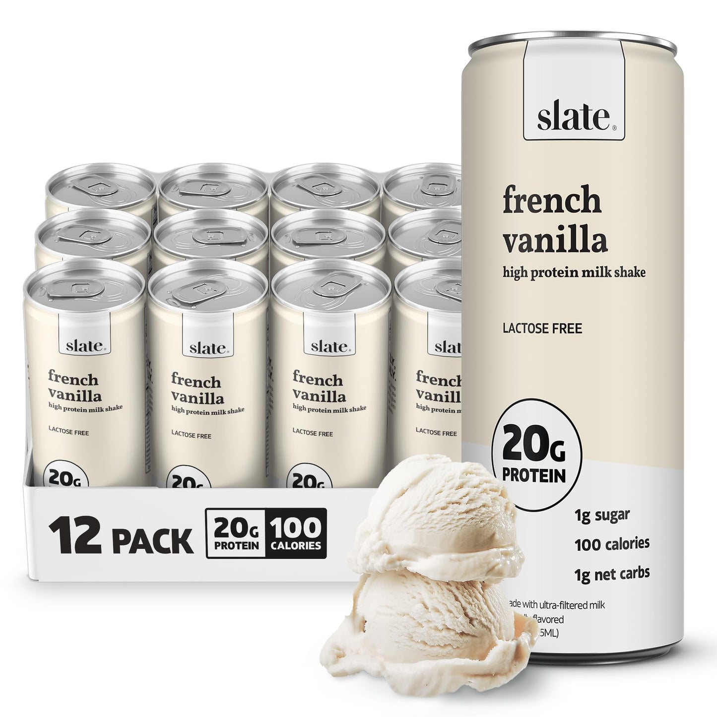 Slate Milk High Protein Milk Shake (Classic Chocolate) 12 Cans, 11 fl oz | Lactose Free - 20g Protein - 1g Sugar - 100 Calories - 2g Net Carbs - No Added Sugar - Natural, Breakfast Boost, Post Workout