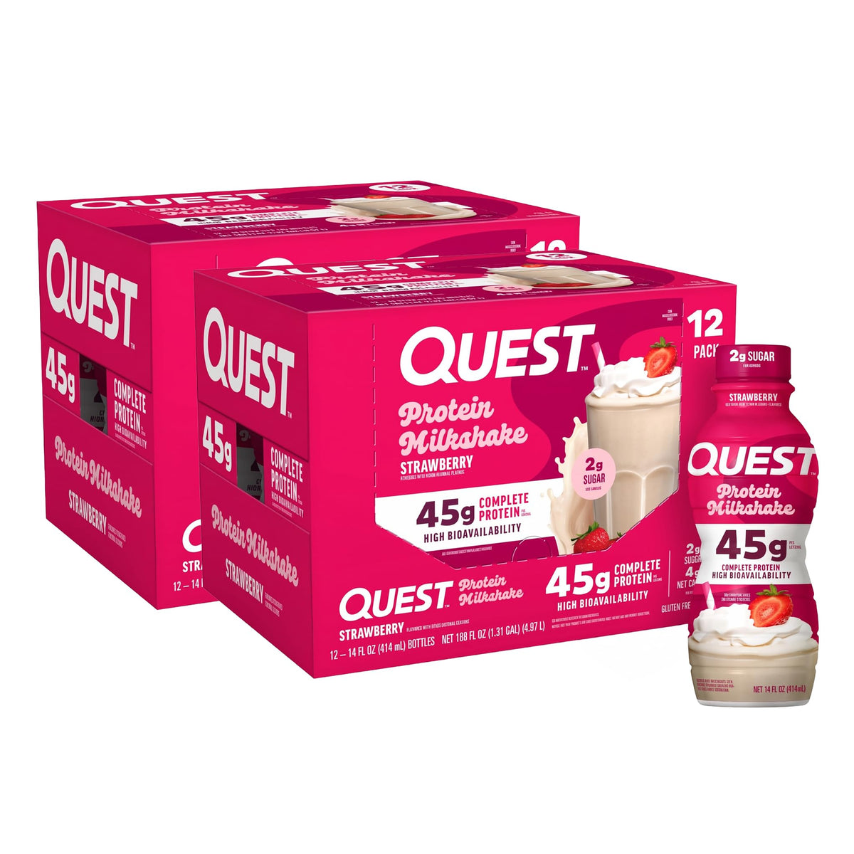 Quest Nutrition Chocolate Protein Shake, 45g Protein, 2g Sugar, 4g Net Carbs, Ready to Drink, Gluten Free, 12 Count