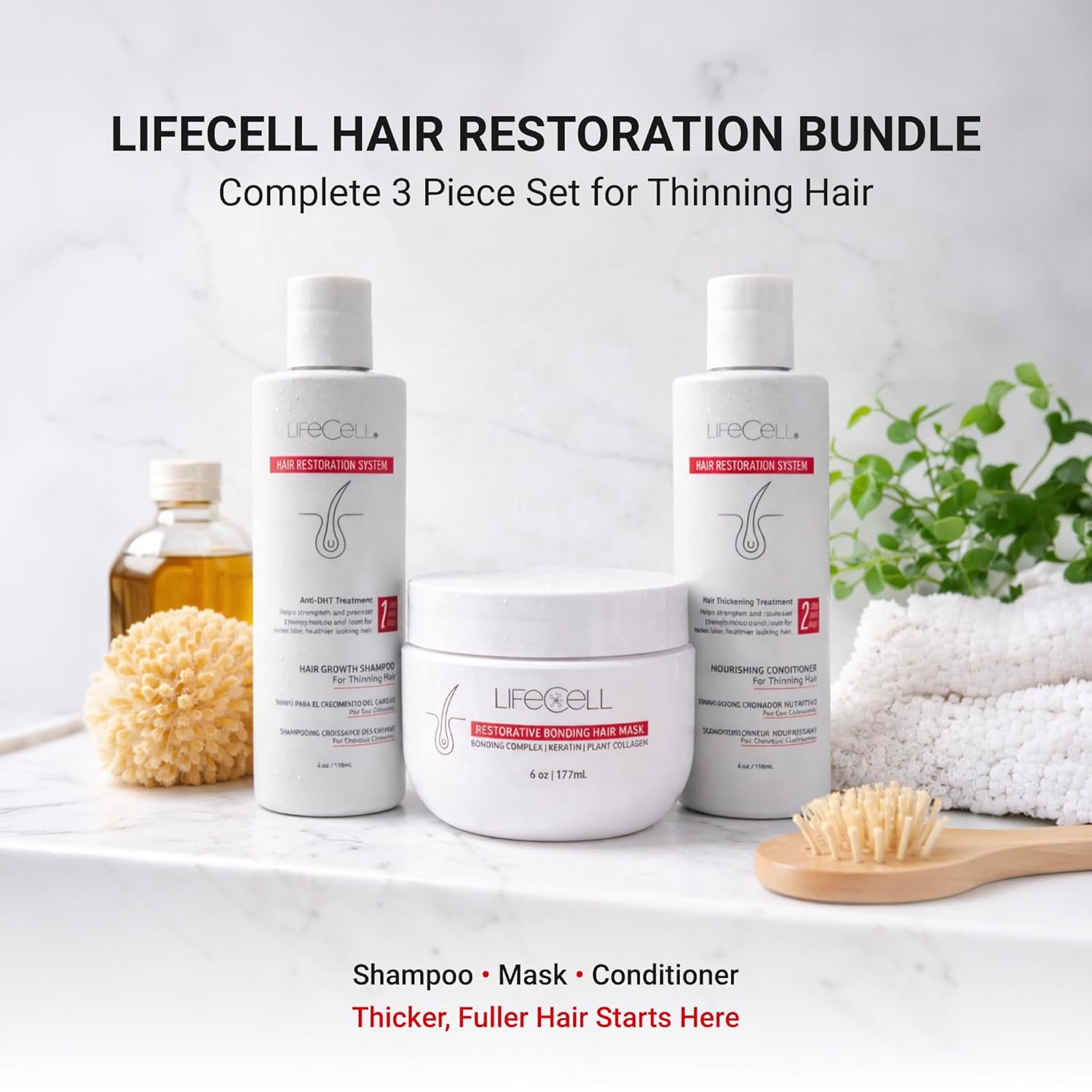 LifeCell Hair Restoration Bundle – Anti-DHT Hair Growth Shampoo, Restorative Bonding Hair Mask & Nourishing Conditioner for Thinning Hair – Thicker Fuller Hair 3 Piece Set