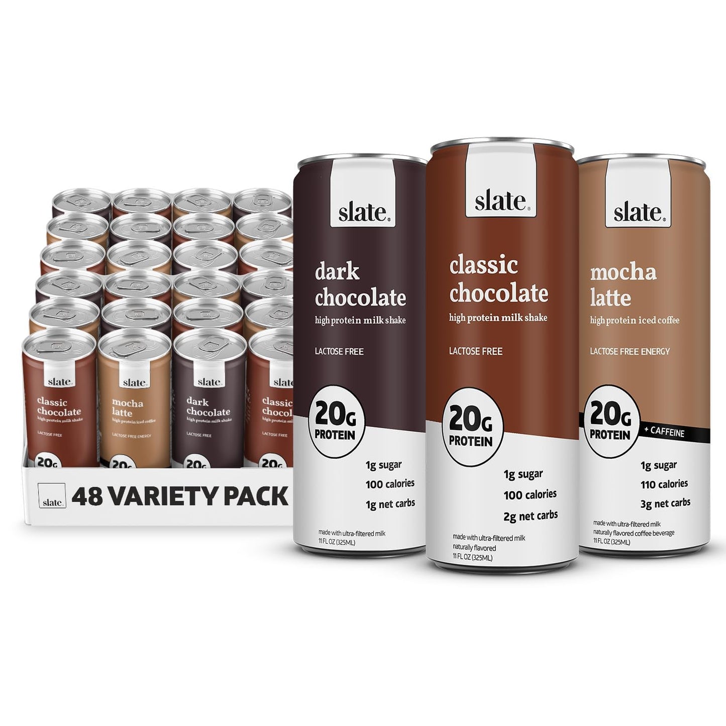 Slate Milk High Protein Milk Shake (Classic Chocolate) 12 Cans, 11 fl oz | Lactose Free - 20g Protein - 1g Sugar - 100 Calories - 2g Net Carbs - No Added Sugar - Natural, Breakfast Boost, Post Workout