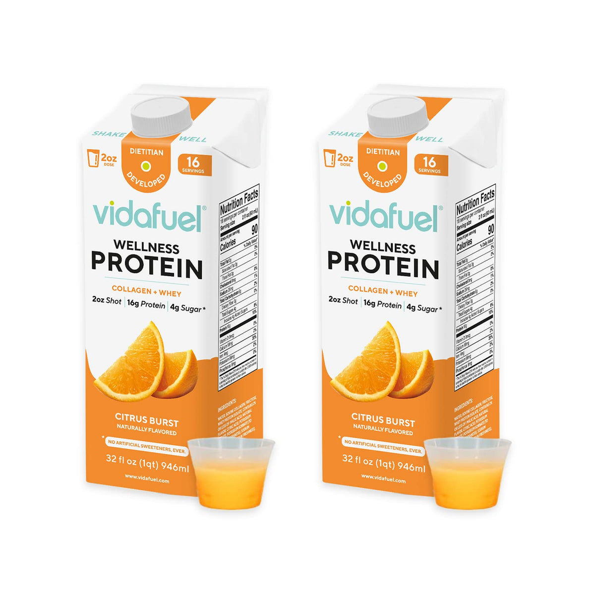 VIDAFUEL Wellness Protein Drink, 32oz Carton, 16g Protein Per 2oz Shot, 2pk