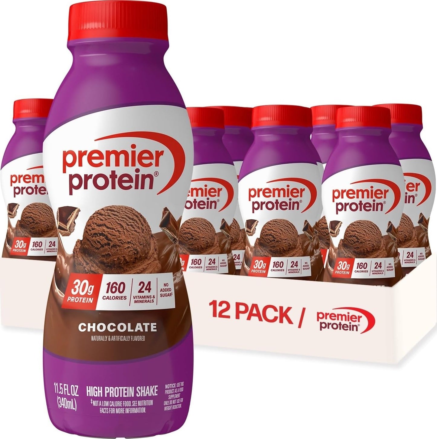Premier Protein 30g High Protein Shake, Chocolate, 12 Pack | 160 Calories, 24 Vitamins & Minerals, No Added Sugar, Supports Muscle Health, Gluten-Free, 11.5 oz