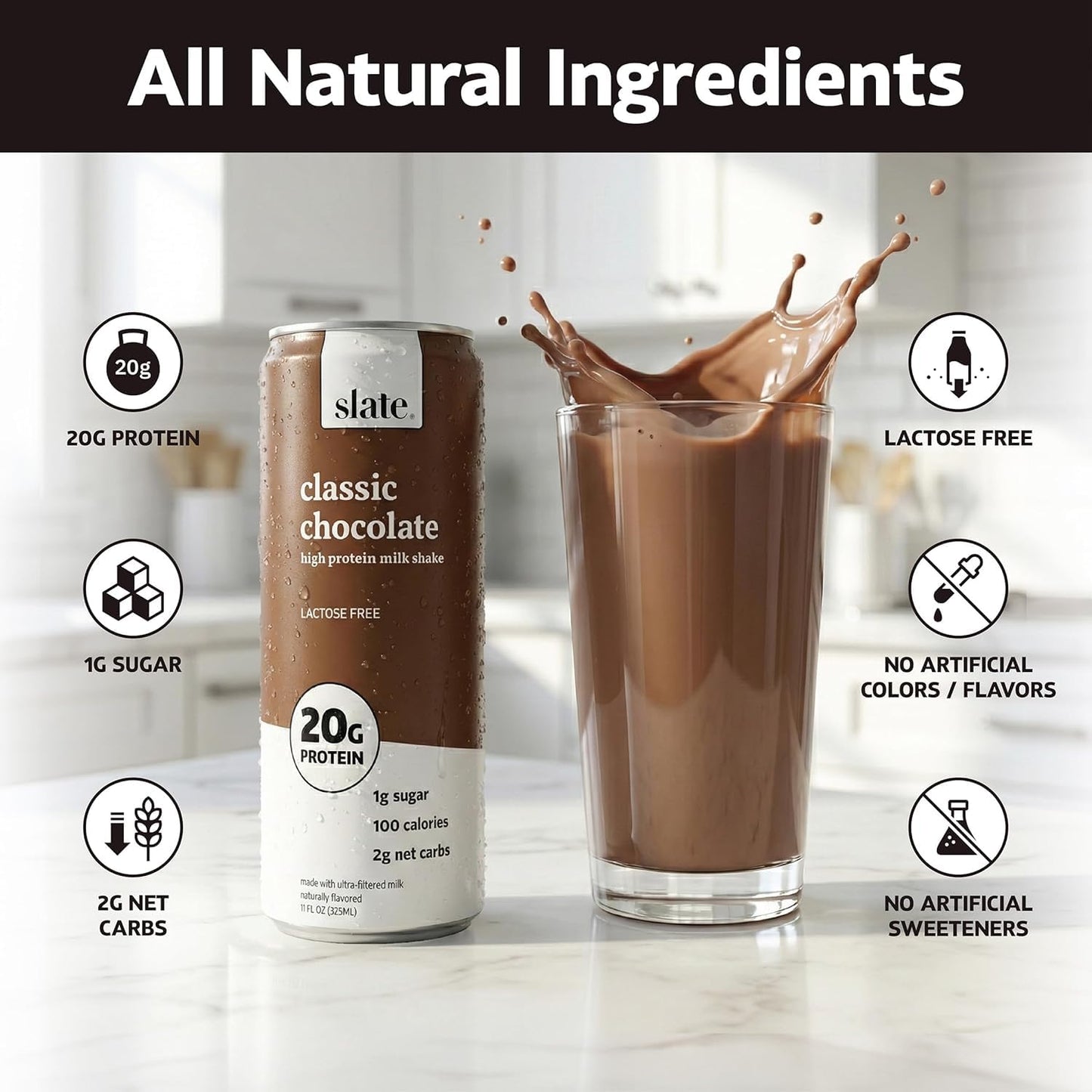 Slate Milk High Protein Milk Shake (Classic Chocolate) 12 Cans, 11 fl oz | Lactose Free - 20g Protein - 1g Sugar - 100 Calories - 2g Net Carbs - No Added Sugar - Natural, Breakfast Boost, Post Workout
