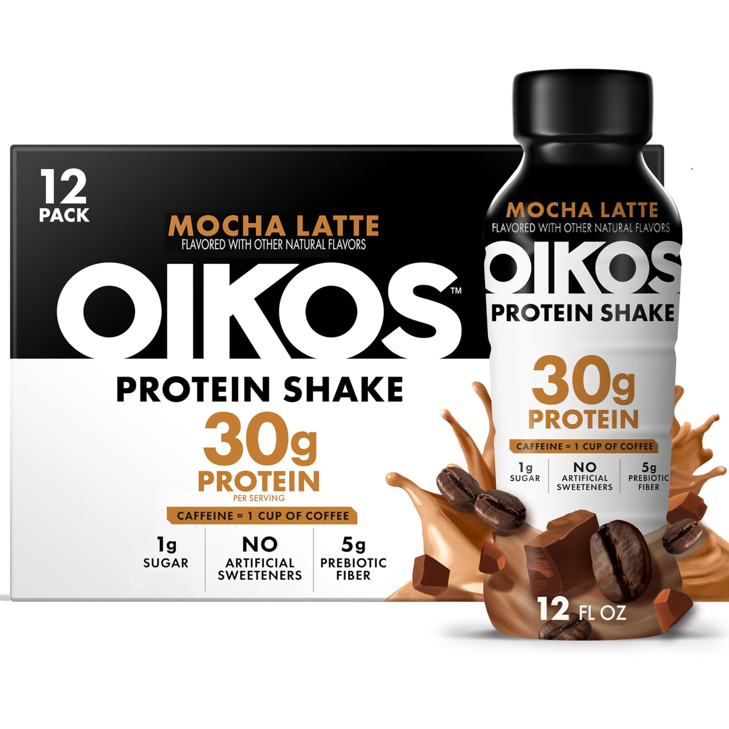 Oikos Protein Shake,Chocolate,30g High Protein Drinks,Shelf Stable,Ready to Drink,5g Prebiotic Fiber,12 fl oz Bottle,​,(Pack of 24)