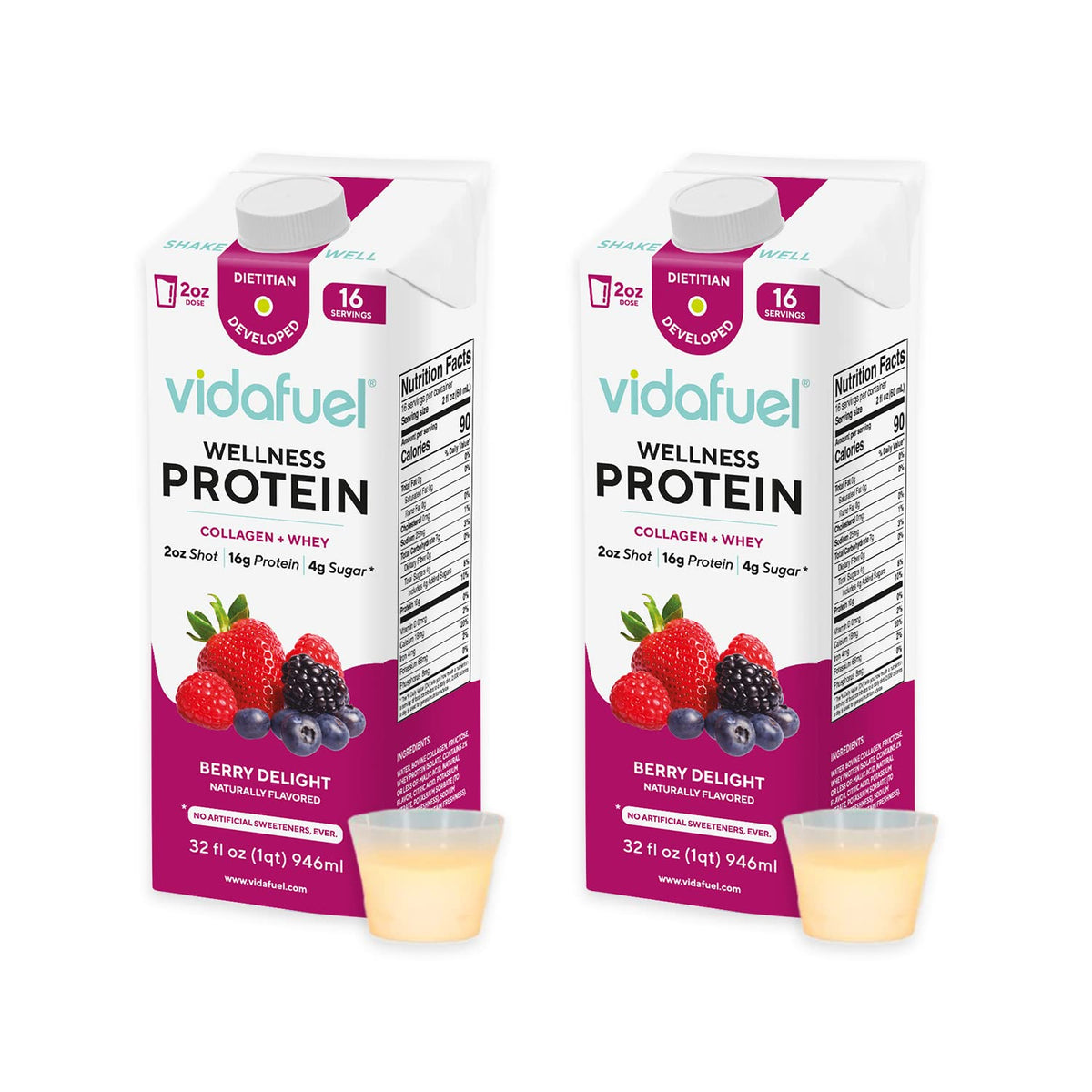 VIDAFUEL Wellness Protein Drink, 32oz Carton, 16g Protein Per 2oz Shot, 2pk