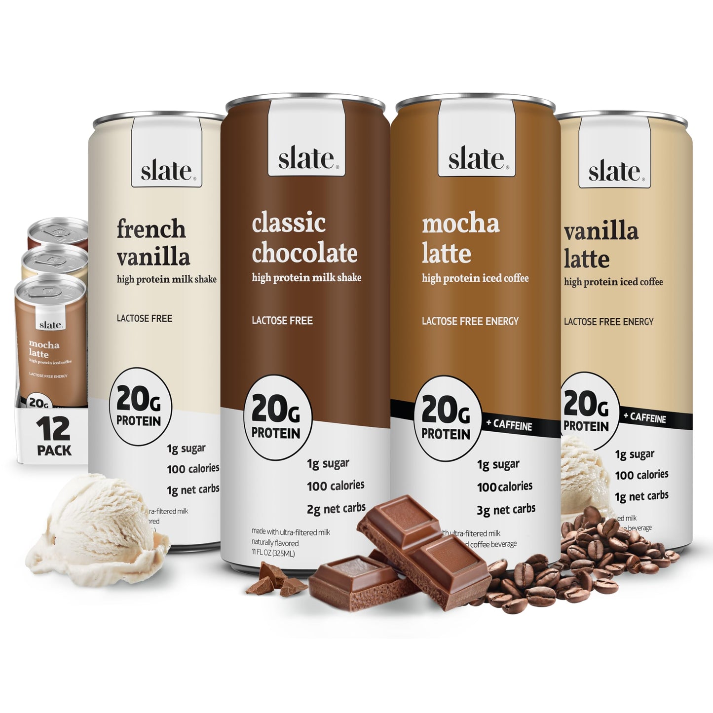 Slate Milk High Protein Milk Shake (Classic Chocolate) 12 Cans, 11 fl oz | Lactose Free - 20g Protein - 1g Sugar - 100 Calories - 2g Net Carbs - No Added Sugar - Natural, Breakfast Boost, Post Workout