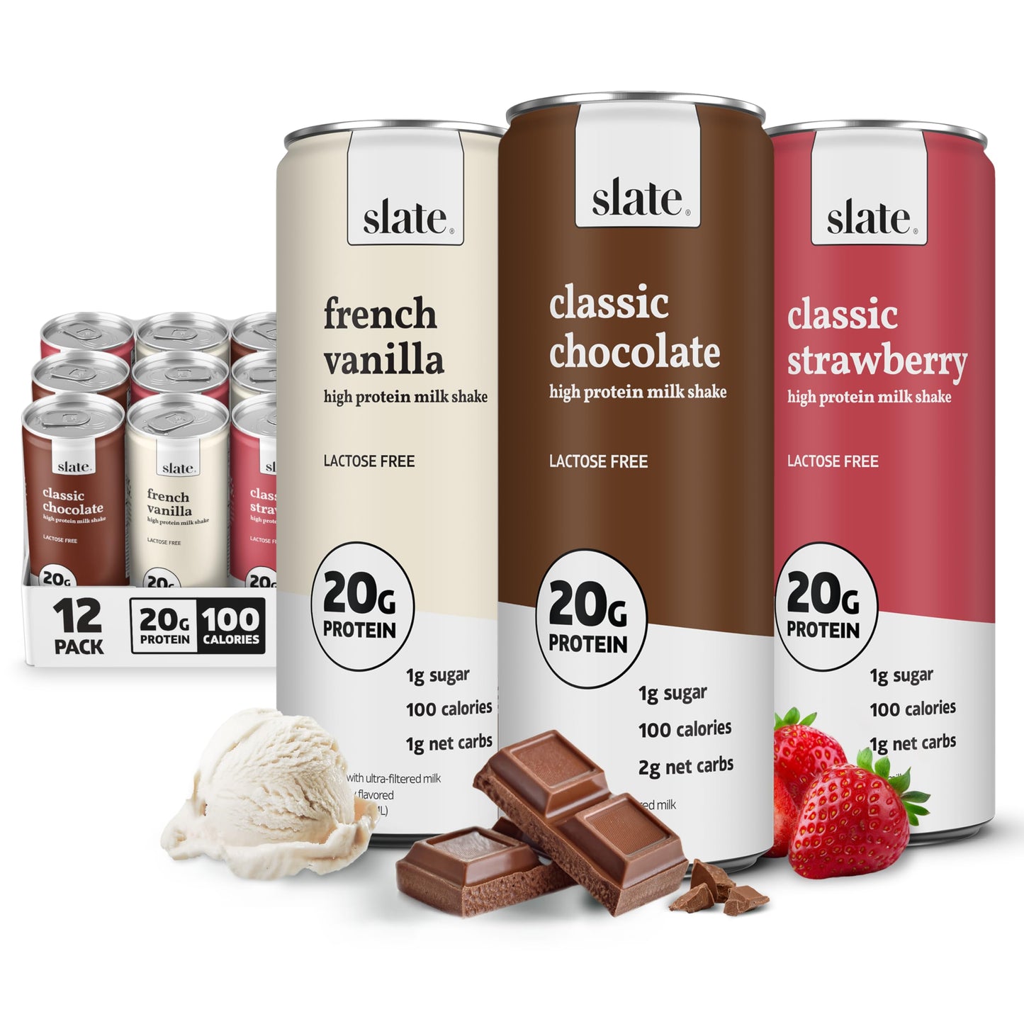 Slate Milk High Protein Milk Shake (Classic Chocolate) 12 Cans, 11 fl oz | Lactose Free - 20g Protein - 1g Sugar - 100 Calories - 2g Net Carbs - No Added Sugar - Natural, Breakfast Boost, Post Workout