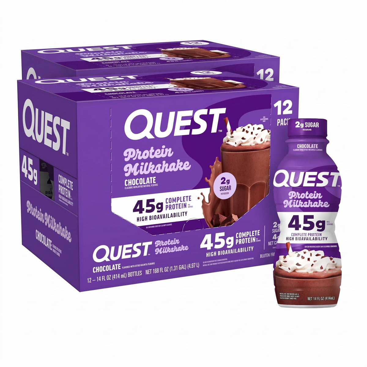 Quest Nutrition Chocolate Protein Shake, 45g Protein, 2g Sugar, 4g Net Carbs, Ready to Drink, Gluten Free, 12 Count