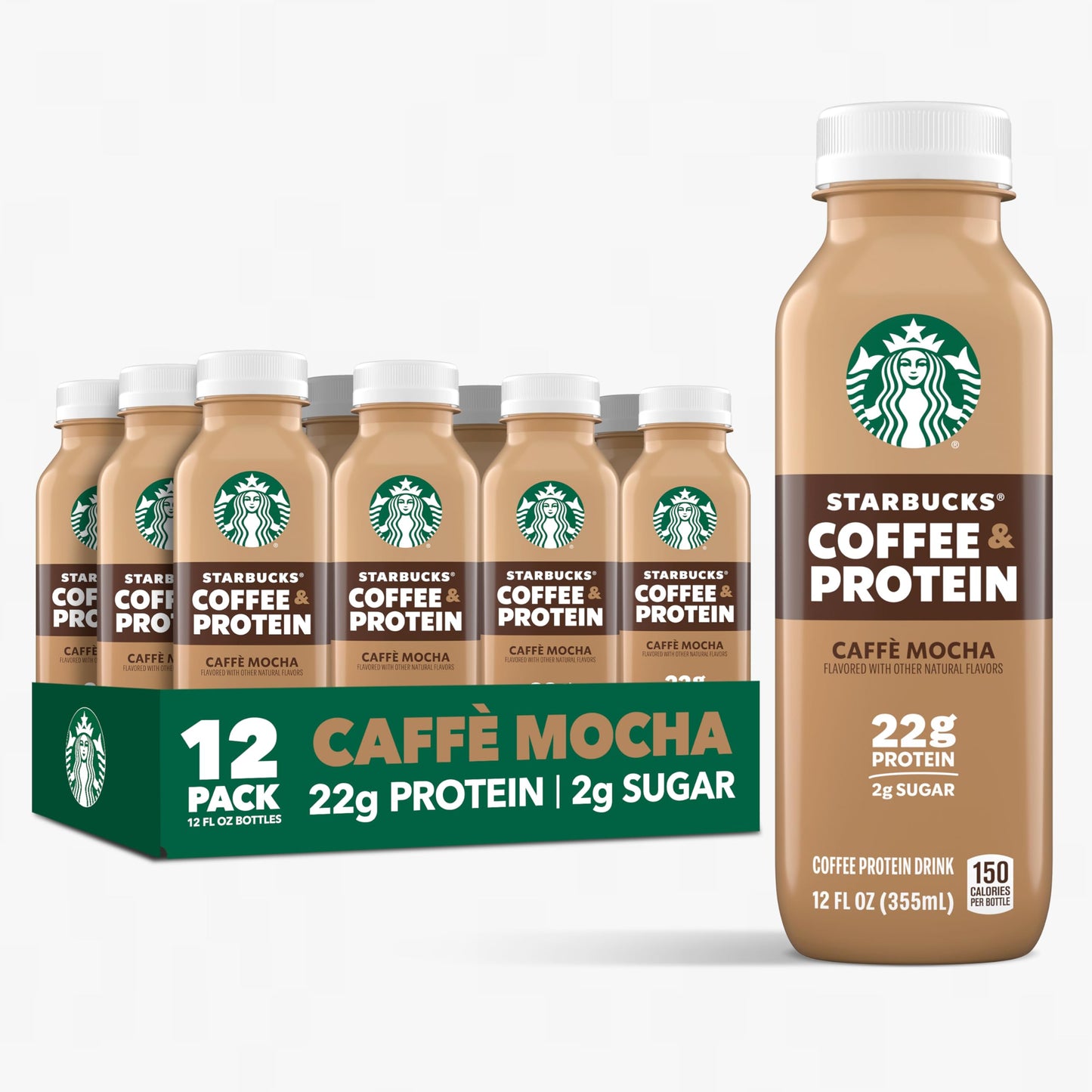 Starbucks Coffee & Protein, Classic Caffe, 12 fl oz Bottles, (12 Pack), 22g Protein, 2g Sugar, No Added Sugar, 5g Prebiotic Fiber, High Protein Iced Coffee