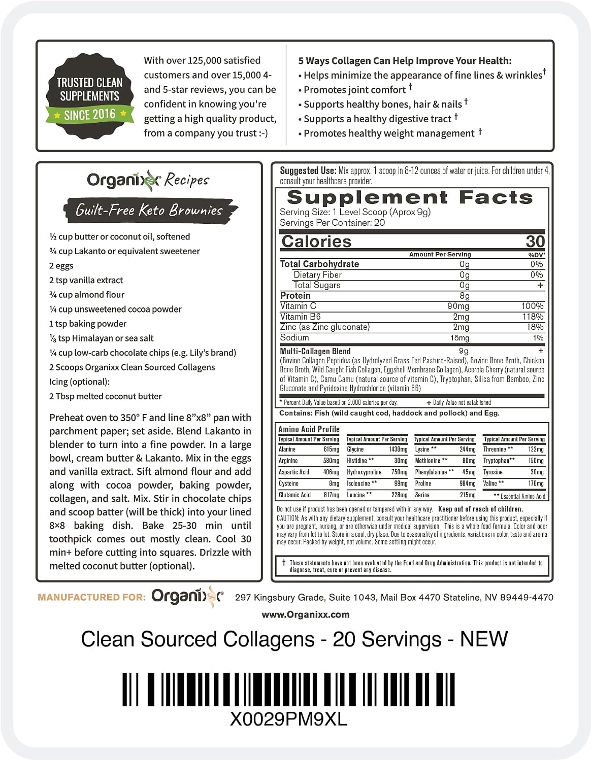 Organixx Clean Sourced Collagen Peptides, 5 Types, 20 Servings