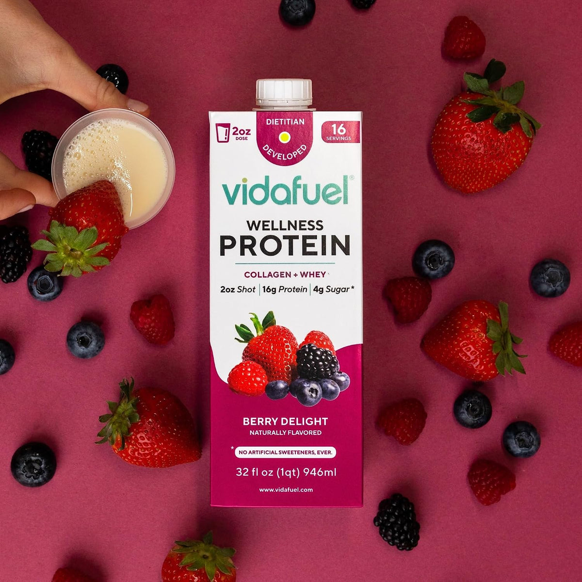 VIDAFUEL Wellness Protein Drink, 32oz Carton, 16g Protein Per 2oz Shot, 2pk