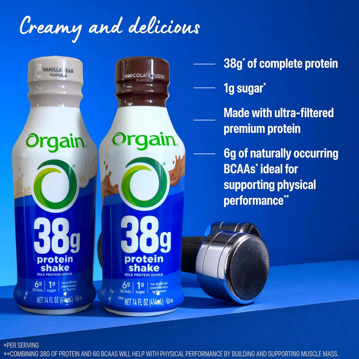 Orgain 38g High Protein Grass-Fed Shake, 6g BCAAs, Chocolate, 14 oz, 12pk