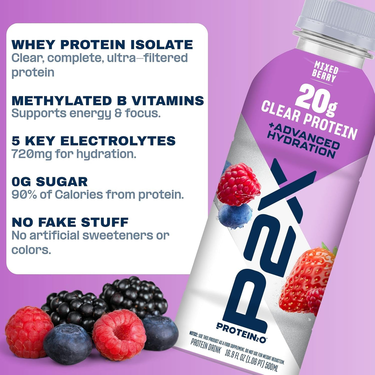 Protein2o P2X Advanced Hydration 20g Clear Protein Drink, 720mg of Electrolytes, 0g of Sugar - Post-Workout Recovery - 16.9 Fl Oz - 12 Count Mixed Berry