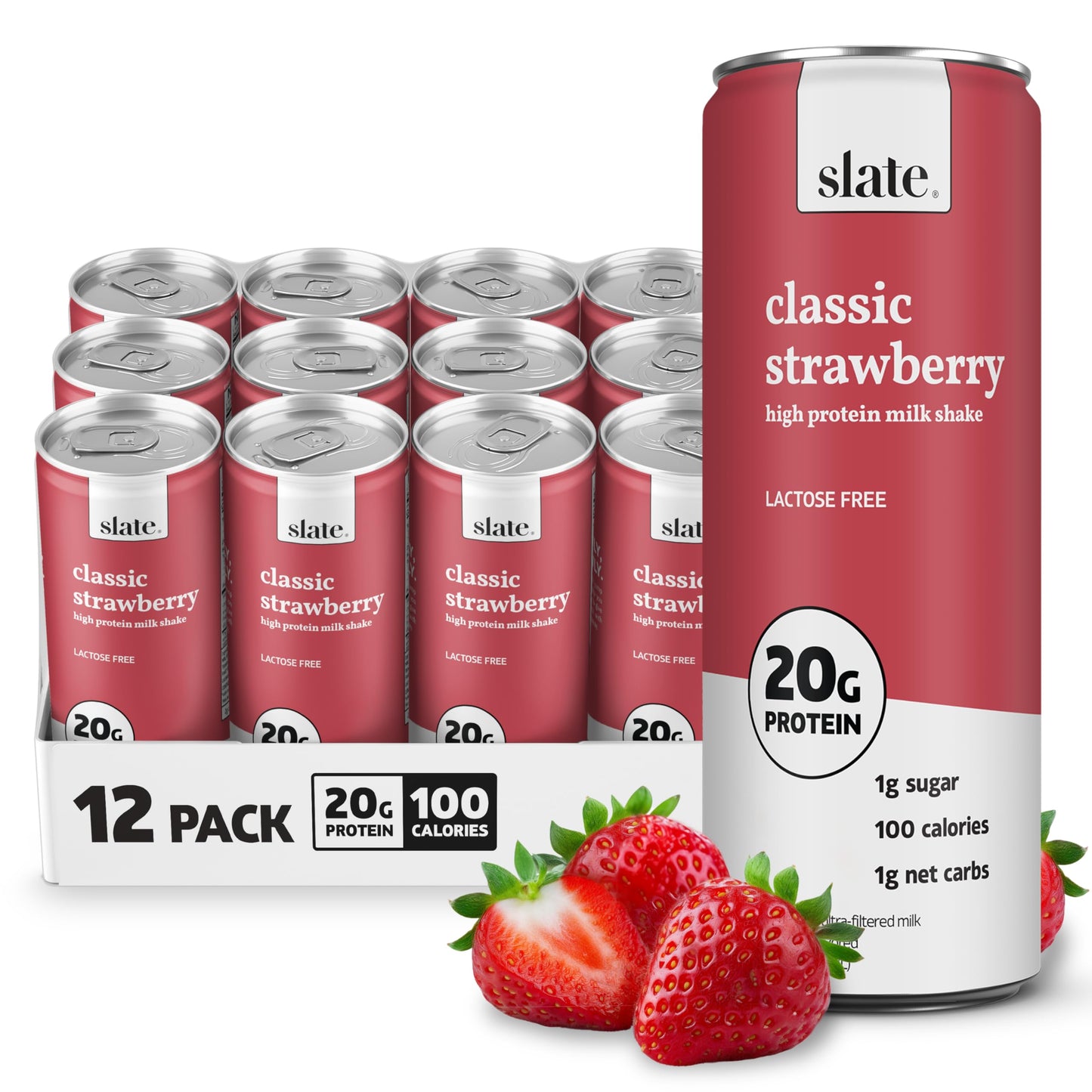 Slate Milk High Protein Milk Shake (Classic Chocolate) 12 Cans, 11 fl oz | Lactose Free - 20g Protein - 1g Sugar - 100 Calories - 2g Net Carbs - No Added Sugar - Natural, Breakfast Boost, Post Workout