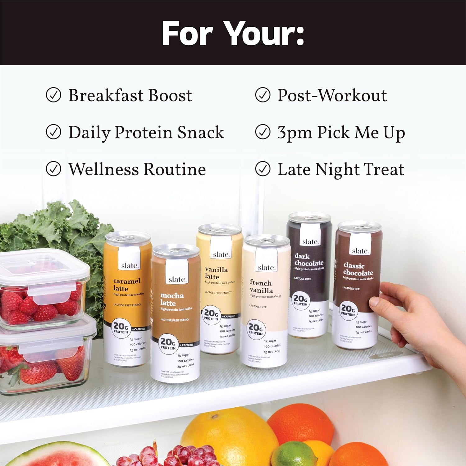 Slate Milk High Protein Milk Shake (Classic Chocolate) 12 Cans, 11 fl oz | Lactose Free - 20g Protein - 1g Sugar - 100 Calories - 2g Net Carbs - No Added Sugar - Natural, Breakfast Boost, Post Workout