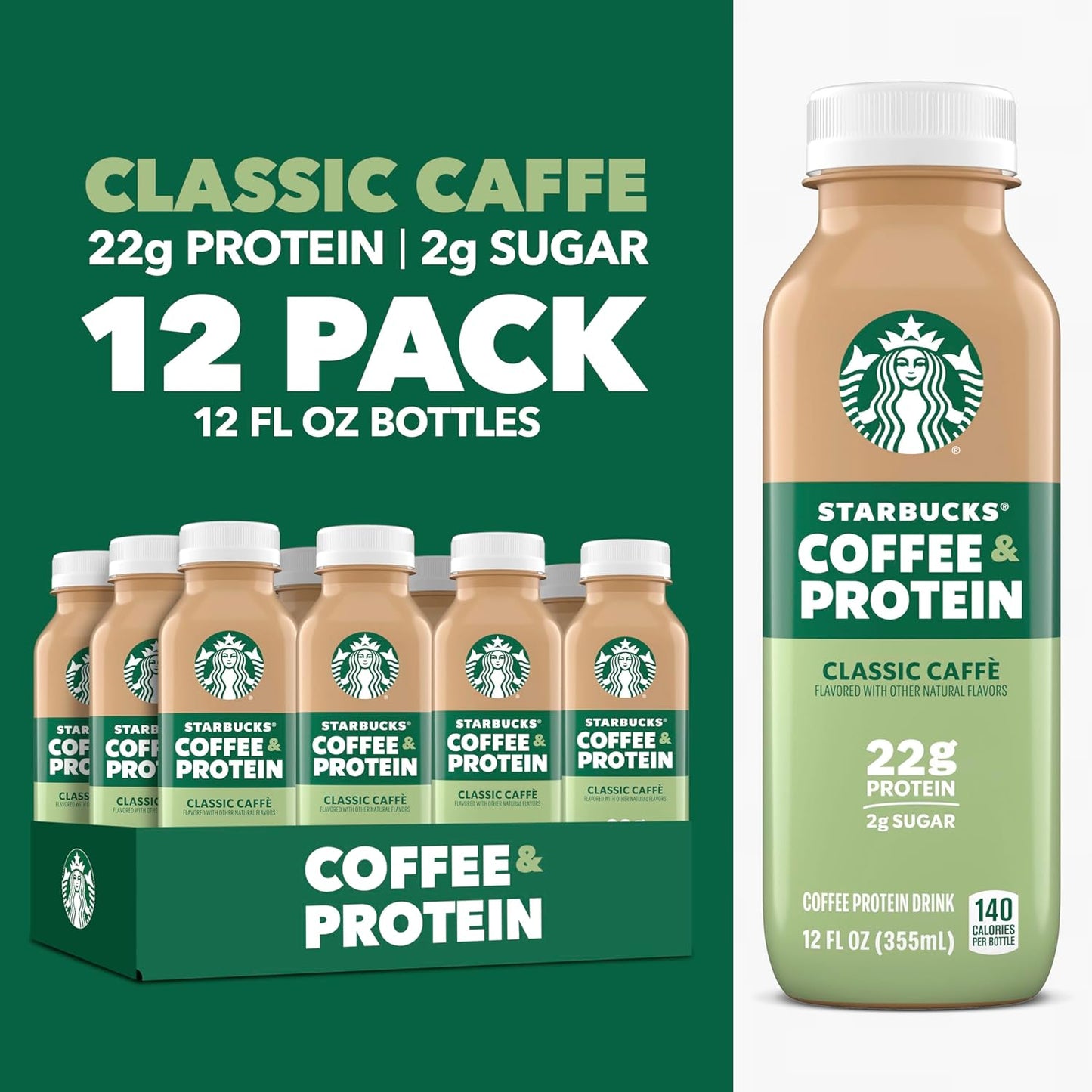 Starbucks Coffee & Protein, Classic Caffe, 12 fl oz Bottles, (12 Pack), 22g Protein, 2g Sugar, No Added Sugar, 5g Prebiotic Fiber, High Protein Iced Coffee