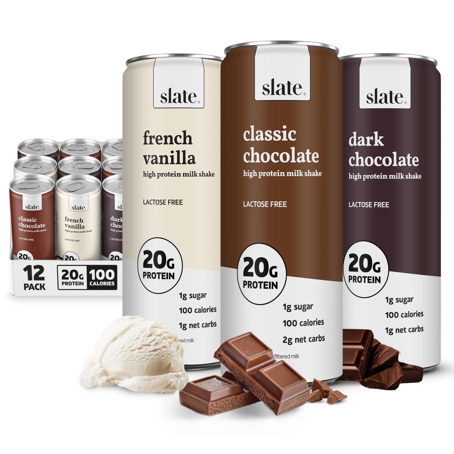 Slate Milk High Protein Milk Shake (Classic Chocolate) 12 Cans, 11 fl oz | Lactose Free - 20g Protein - 1g Sugar - 100 Calories - 2g Net Carbs - No Added Sugar - Natural, Breakfast Boost, Post Workout