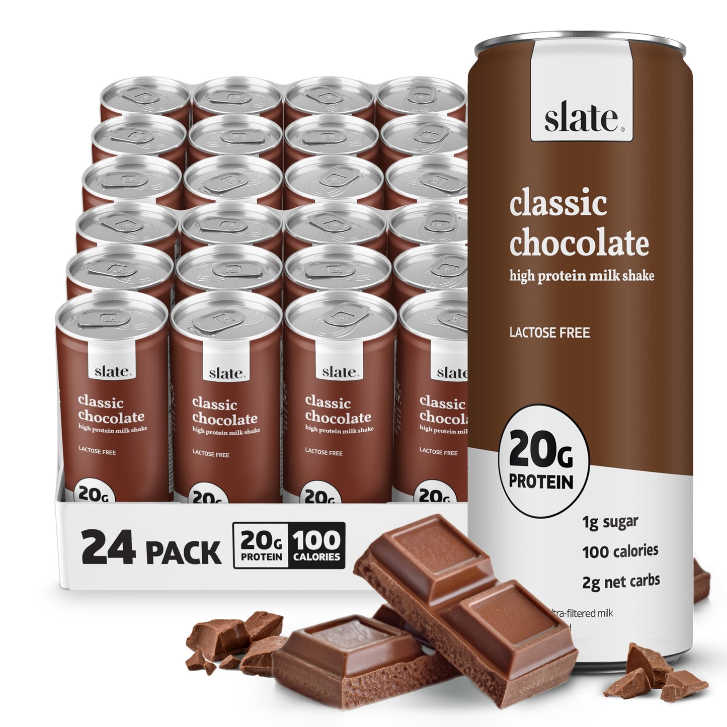 Slate Milk High Protein Milk Shake (Classic Chocolate) 12 Cans, 11 fl oz | Lactose Free - 20g Protein - 1g Sugar - 100 Calories - 2g Net Carbs - No Added Sugar - Natural, Breakfast Boost, Post Workout
