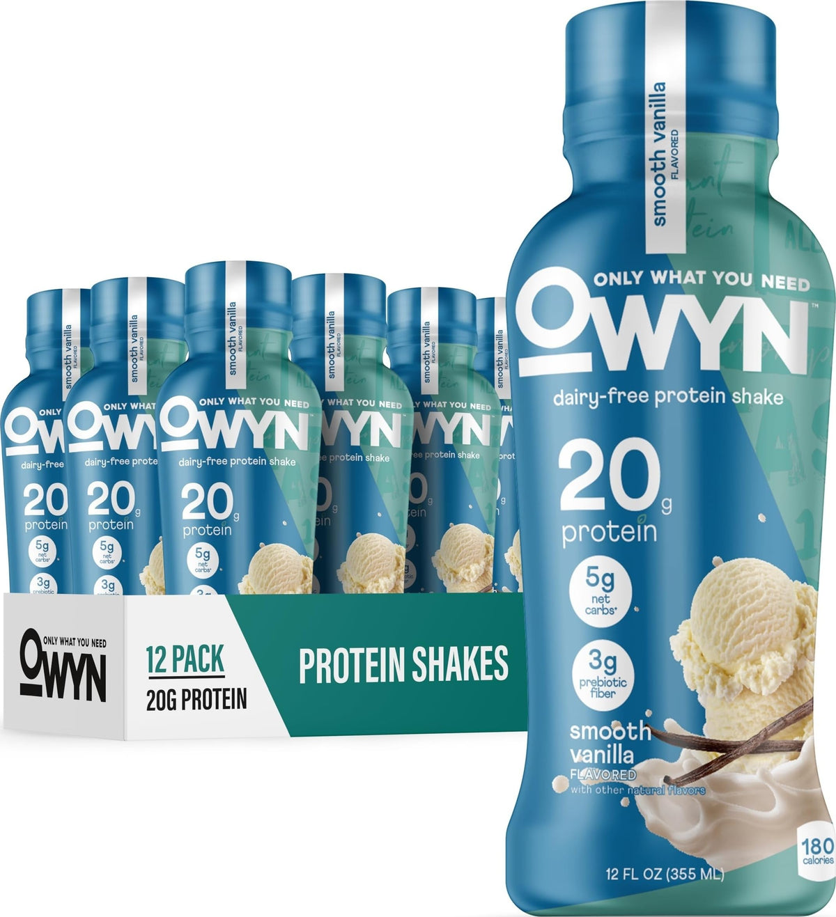 OWYN Only What You Need Dark Chocolate Flavored 20g Protein Shake, 12 Ct | 20g Protein, 4g Sugar, 3g Prebiotic Fiber, Dairy Free, Plant Protein, Gluten Free, Individual 12fl oz Bottles