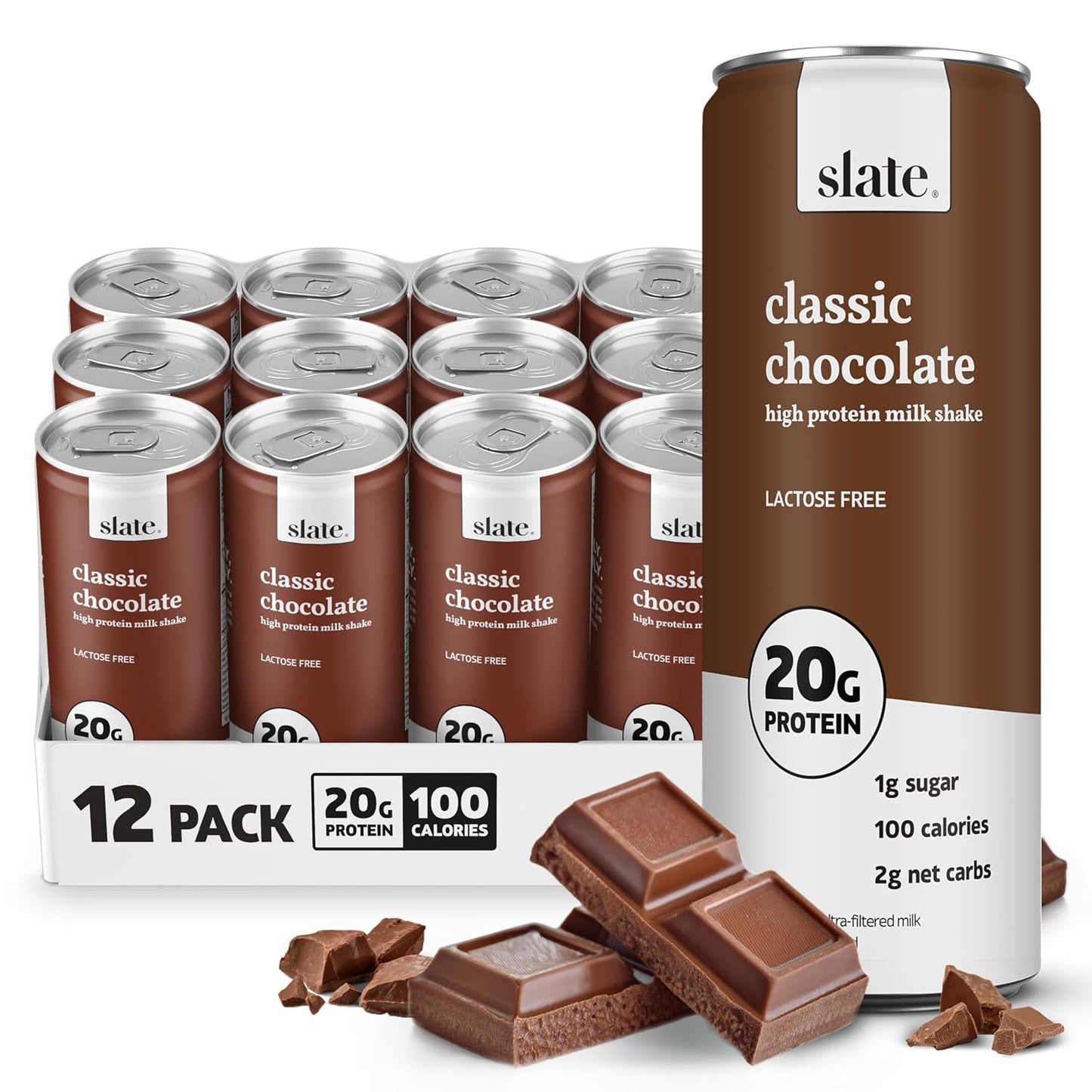 Slate Milk High Protein Milk Shake (Classic Chocolate) 12 Cans, 11 fl oz | Lactose Free - 20g Protein - 1g Sugar - 100 Calories - 2g Net Carbs - No Added Sugar - Natural, Breakfast Boost, Post Workout
