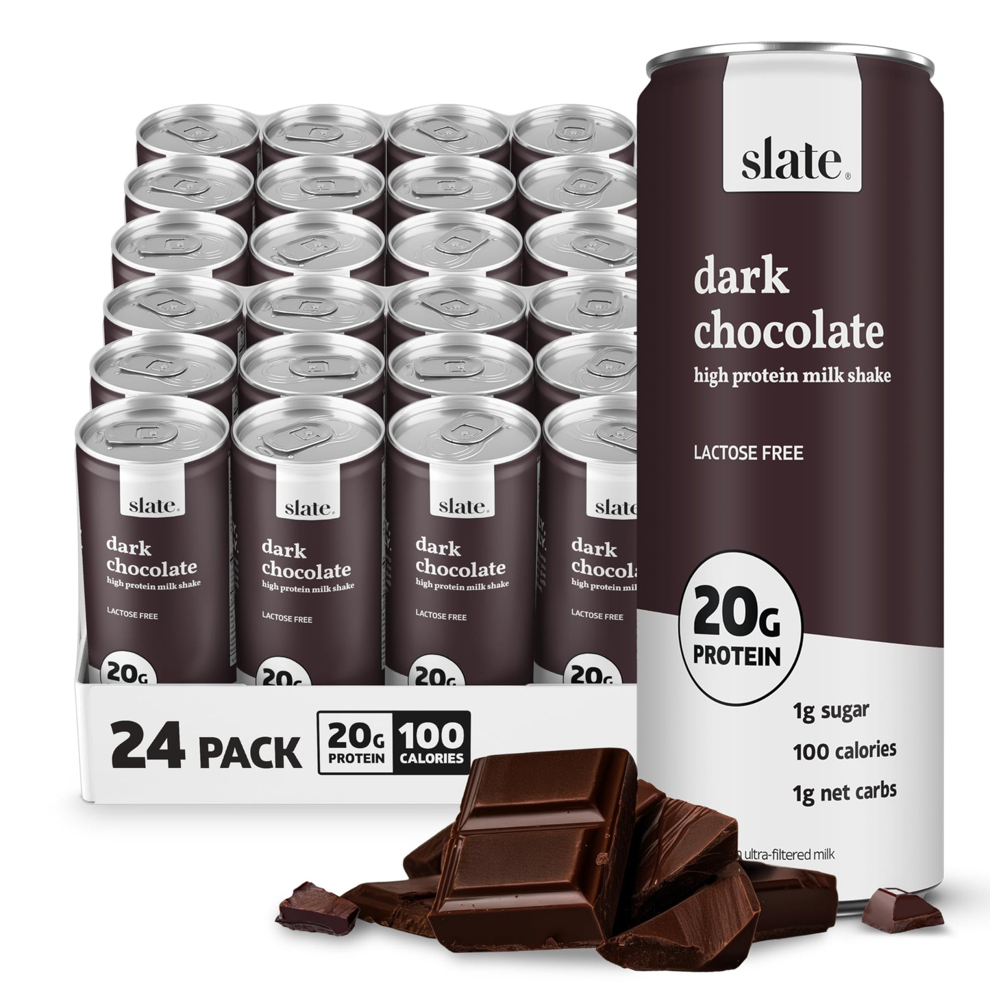 Slate Milk High Protein Milk Shake (Classic Chocolate) 12 Cans, 11 fl oz | Lactose Free - 20g Protein - 1g Sugar - 100 Calories - 2g Net Carbs - No Added Sugar - Natural, Breakfast Boost, Post Workout