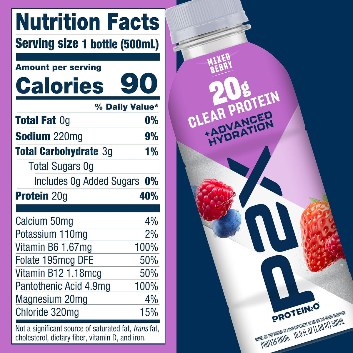 Protein2o P2X Advanced Hydration 20g Clear Protein Drink, 720mg of Electrolytes, 0g of Sugar - Post-Workout Recovery - 16.9 Fl Oz - 12 Count Mixed Berry