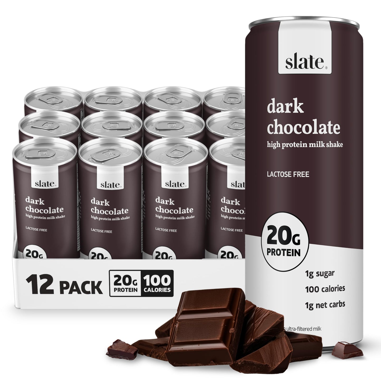 Slate Milk High Protein Milk Shake (Classic Chocolate) 12 Cans, 11 fl oz | Lactose Free - 20g Protein - 1g Sugar - 100 Calories - 2g Net Carbs - No Added Sugar - Natural, Breakfast Boost, Post Workout