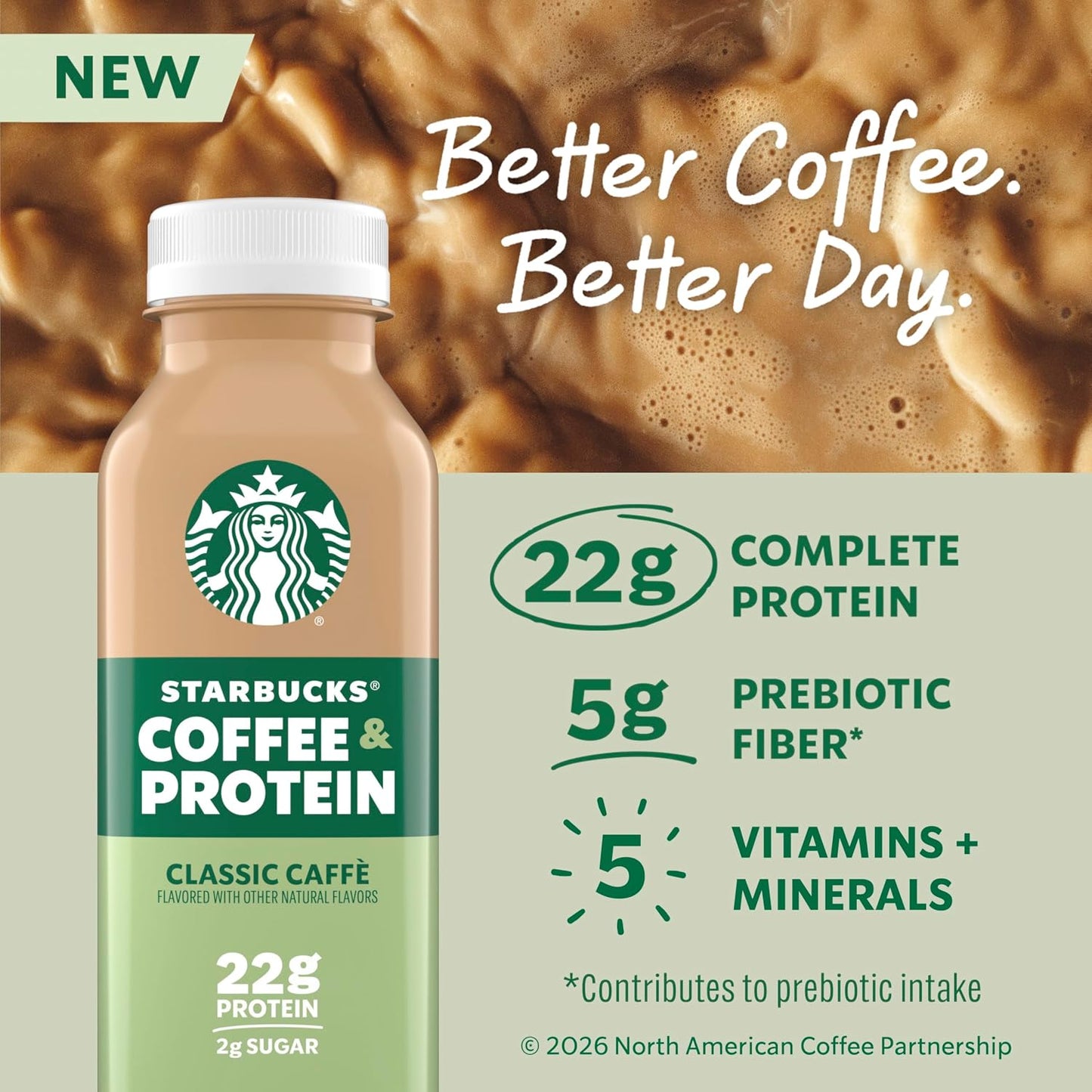 Starbucks Coffee & Protein, Classic Caffe, 12 fl oz Bottles, (12 Pack), 22g Protein, 2g Sugar, No Added Sugar, 5g Prebiotic Fiber, High Protein Iced Coffee