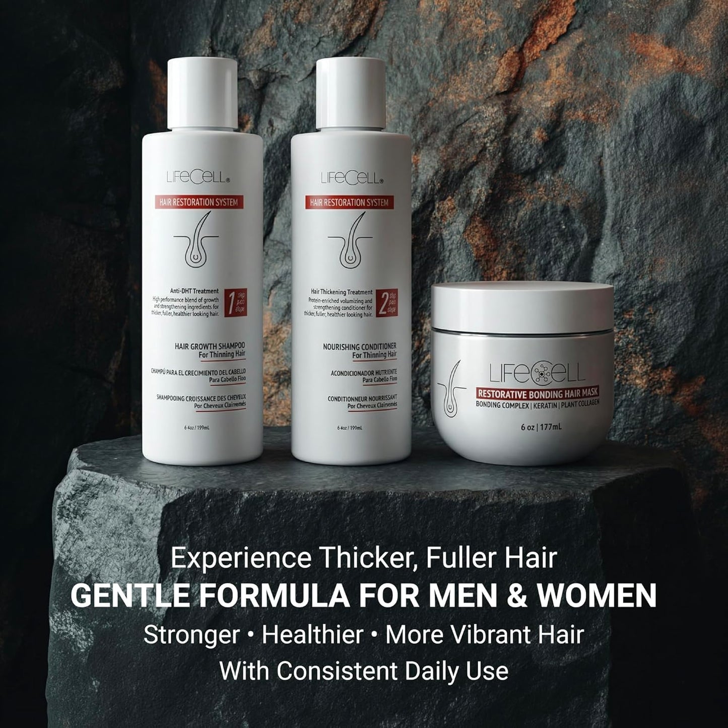LifeCell Hair Restoration Bundle – Anti-DHT Hair Growth Shampoo, Restorative Bonding Hair Mask & Nourishing Conditioner for Thinning Hair – Thicker Fuller Hair 3 Piece Set