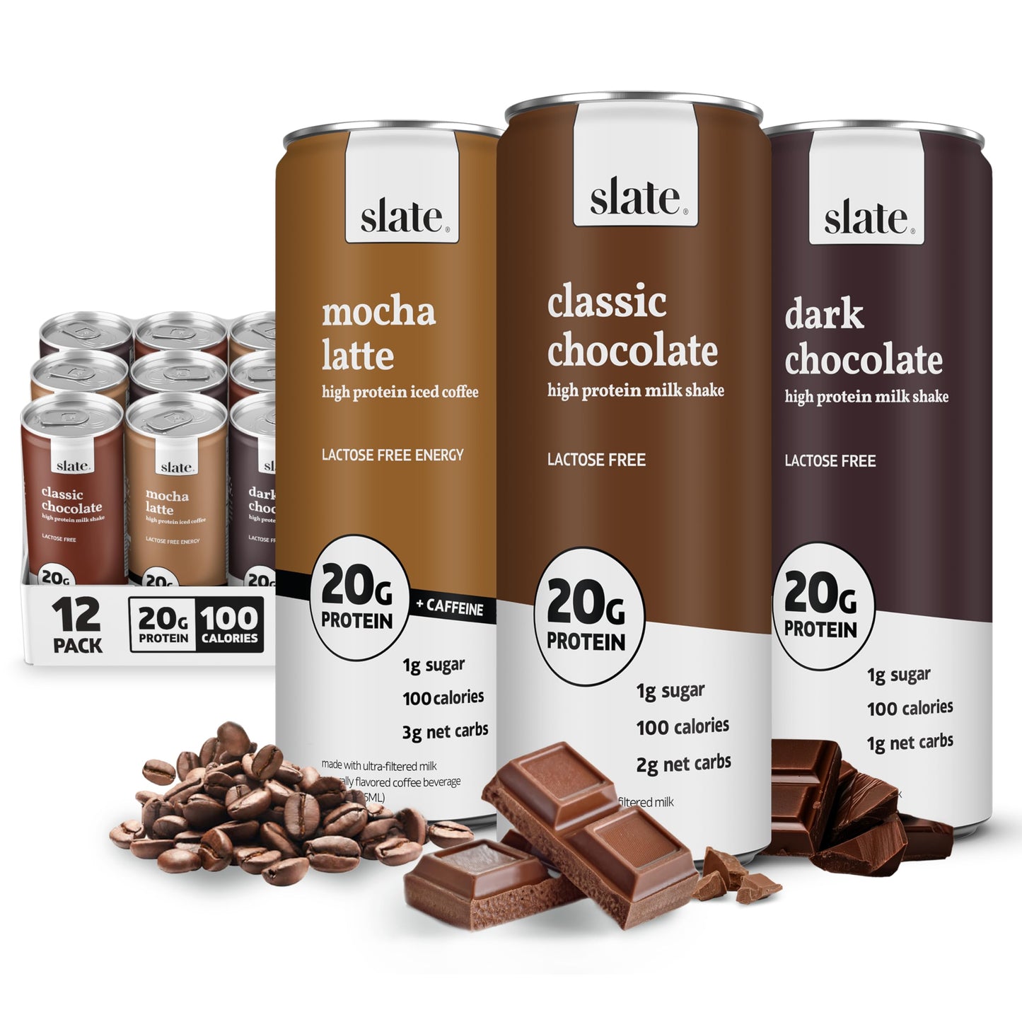 Slate Milk High Protein Milk Shake (Classic Chocolate) 12 Cans, 11 fl oz | Lactose Free - 20g Protein - 1g Sugar - 100 Calories - 2g Net Carbs - No Added Sugar - Natural, Breakfast Boost, Post Workout