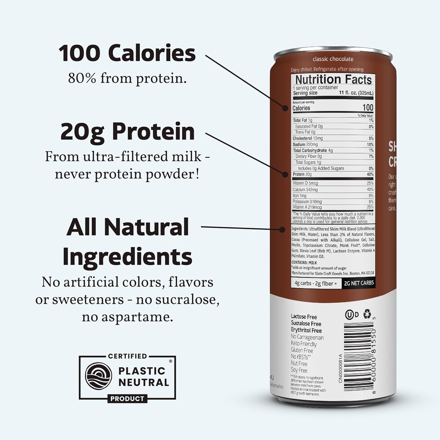 Slate Milk High Protein Milk Shake (Classic Chocolate) 12 Cans, 11 fl oz | Lactose Free - 20g Protein - 1g Sugar - 100 Calories - 2g Net Carbs - No Added Sugar - Natural, Breakfast Boost, Post Workout